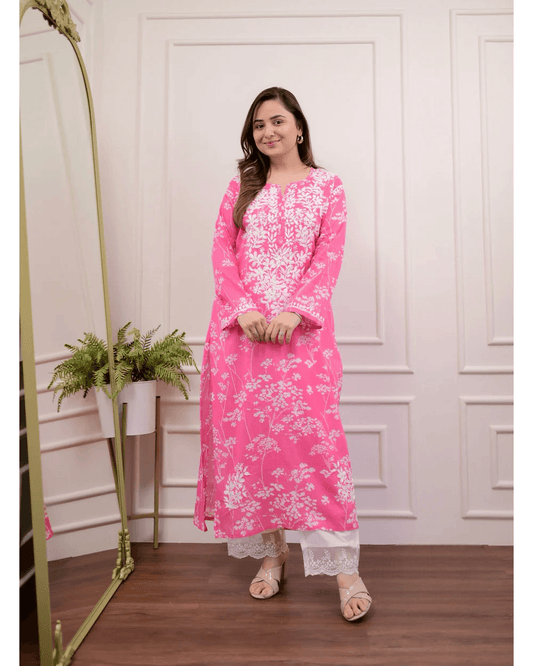 Pure mul cotton chikankari kurti-pant set